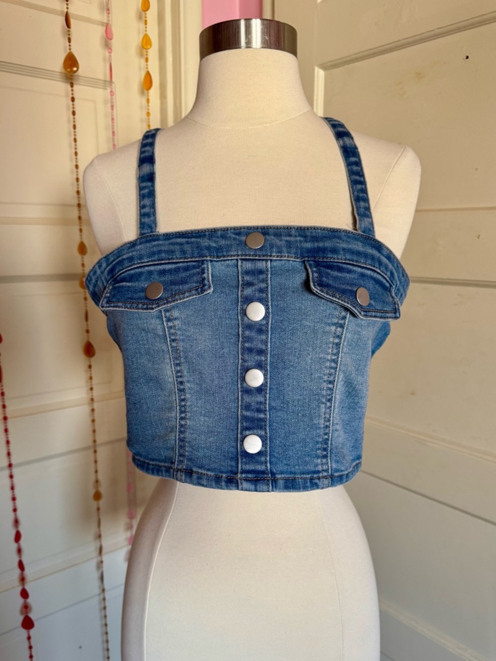 Dylan Ryan NYC Denim Bustier Crop Top Y2K Snap Front Smocked Back Large